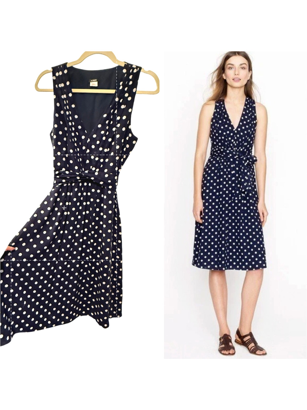 J Crew 6 Elinor Polka Dot Linen Dress $148 Sleeveless Fit&Flare Navy Blue White